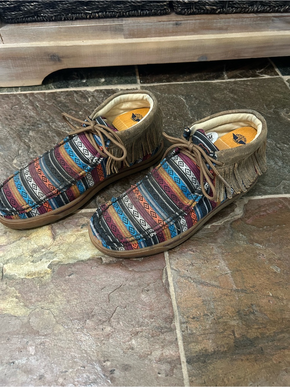 Dockers Women’s Multicolor Fringe Moccasin Boots with Brown Trim